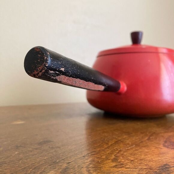 Vintage Red Fondue Pot Wooden Distressed Handle Replacement Retro 70s - Picture 3 of 6